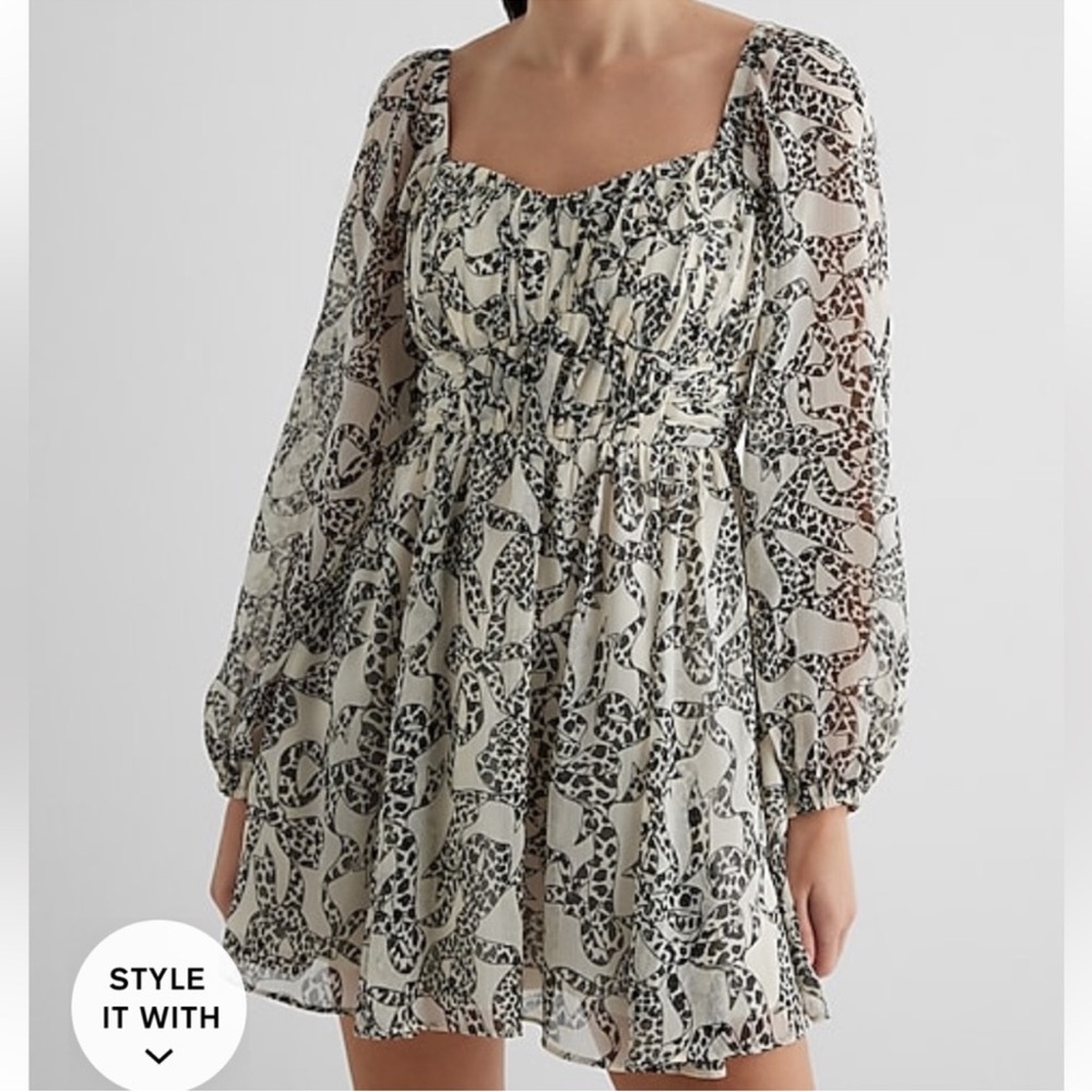 Express XL Black & White Bow Printed Square-Neck Long-Sleeve Babydoll Dress